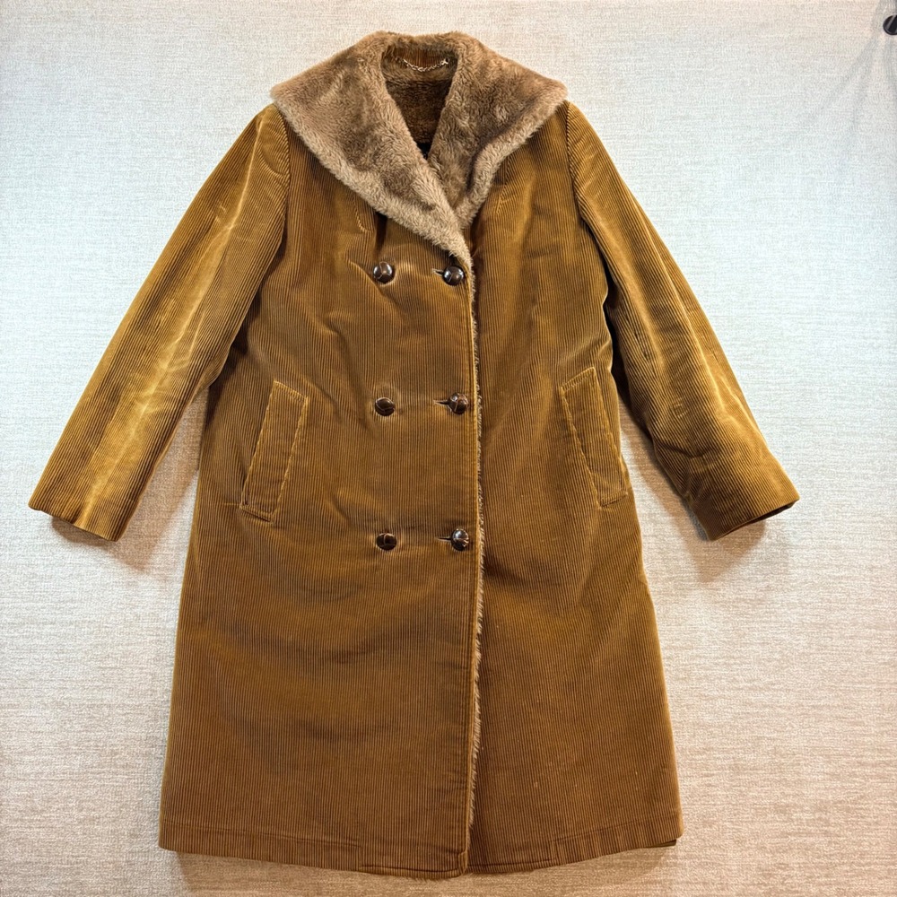 Vintage Pre 1962 London Fog Corduroy Faux Fur Lined Trench Coat Camel Womens 8